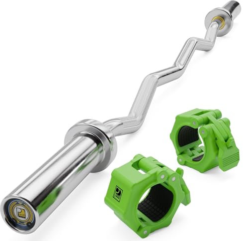 POUDI SPORT 1 Curlstange/SZ Stange Olympische aus verchromtem Stahl 120cm – 10kg | Max. Belastung : 182kg | Ø : 50mm | 2 Grüne Hantelverschlüsse