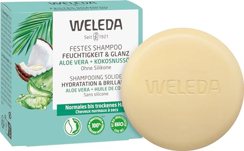 WELEDA Bio Festes Shampoo Feuchtigkeit & Glanz - Naturkosmetik Haarpflege Seife für gesund aussehendes Haar mit Aloe Vera, Kokosnussöl & Hanfprotein. Natürliches Haarshampoo ohne Silikone (vegan, 50g)