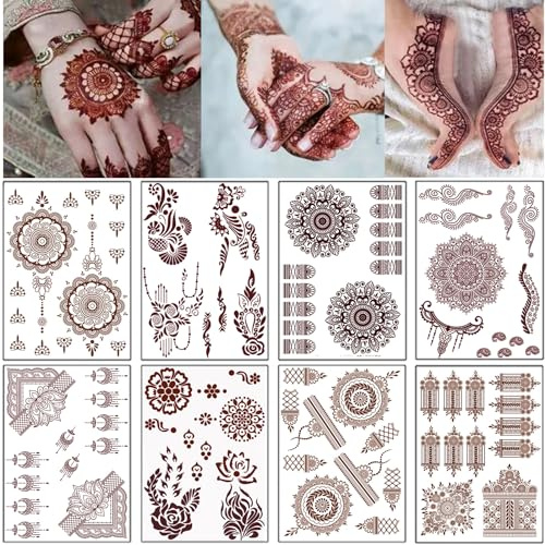 8 Sheets Red Brown Temporary Tattoo Stickers Lace Floral Temporary Waterproof Fake Tattoo Design for Women Festivals Wedding Masquerade Party Decorations Body Art Long Lasting Stickers