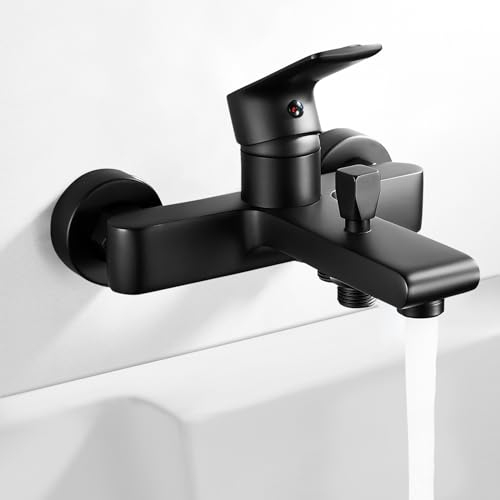 Jacurley Mitigeur Monocommande Bain Douche Noir, Robinet Baignoire Mural, Robinet Douche Mitigeur Baignoire 2 Sorties pour Bain et Douche, Raccord Fileté pour Flexible en 1/2