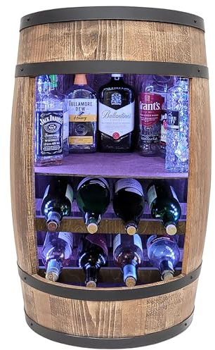 weeco Wein Fass Bar mit Beleuchtung LED RGB - Holzfass 80x50cm und Weinregal Holz -Weinschrank - Stilvolles Hausbar - Alkohol Schrank Whiskyfass - Weinbehälter Schnapsfass. Mini Bar Fassmöbel