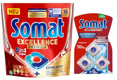 SOMAT 5in1 Caps 16 AW Excellence Premium, schnellauflösende Spülmaschinentabs mit Extra Boost, entfernen hartnäckige Essensreste + Somat Duo Power Experten 3 AW Maschinenreiniger 57g