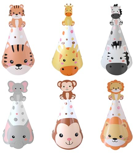 Falafoty 24PCS Chapeaux de Fête Anniversaire Kit, Chapeaux Cône de Fête sur Thème des Animaux, Chapeaux Fête en Papier pour Enfants Déguisement Anniversaire Décoration de Fête Accessoires Photo
