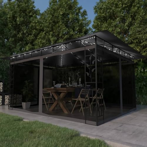 Homgoday Tonnelle avec Moustiquaire et lumières LED 4x3x2,73m Anthracite, Tente de Réception Belvédère de Jardin, Gazebo Pavillon de Extérieur, Chapiteau pour Camping, Fête, Barbecue