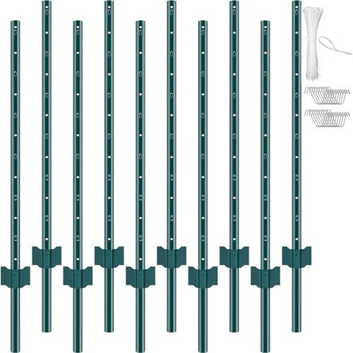 VEVOR 4 Feet T-Post, 10 Pack Heavy Duty Metal Fence Posts With 20 Zip Ties & 20 Clips, Sturdy Steel Stakes for Garden Yard, Lawn, Farms and Outdoor Wire Fencing, Green