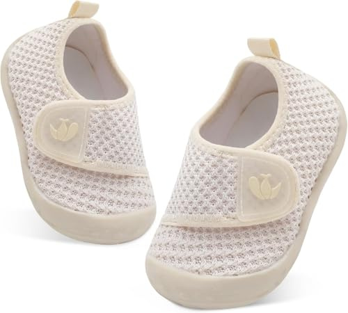 JIASUQI Baby Shoes Breathable Baby First Walking Shoes Wide Infant Sneakers Lightweight Barefoot Toddler Shoes(Beige 128,12-18Months)