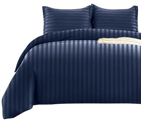 BedLooms King Size Duvet Cover Sets Reversible Satin Stripes Duvet Covers Soft Brushed Microfiber Bedding Set with 2 Pillow Cases (Stripe Navy 230x220 cm)