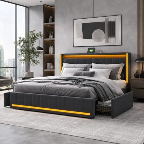 Säng med ribbotten, LED och USB, vadderad dubbelsäng med 4 lådor, för 2 personer, klädd säng med mycket förvaring, lådsäng för vuxna och tonåringar (mörkgrå, 160 x 200 cm)