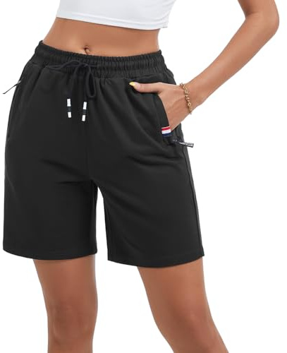 Pantalon Court Femme en Coton Été, Short Sport Doux et Respirant pour Le Jogging Fitness Yoga Gym D'entraînement Lounge, Bermuda Femme avec Poches (Noir, M)