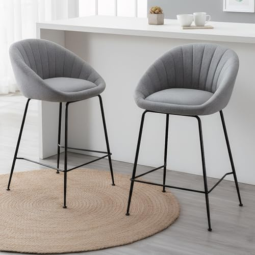 Ya-Home Juego de 2 Taburete Altos de Cocina de Teerycloth con Patas de Metal, Taburete de Bar con L-Shaped Respaldo y Cojin Cómodo, Silla de Cocina para Salon/Restaurante/Bar,Gray