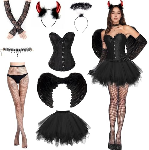 HUIKUANGEU Costume Diavolo da Donna,Angelo Nero Costume Halloween,Costume per Adulti Angelo Caduto,per Carnevale,Carnevali e Feste a Tema,Halloween