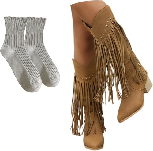 Botas Altas Vintage con Flecos Botas Vaqueras Vaqueras para Mujer Botas Largas De Punta Puntiaguda con Tacón Bloc Botas De Noche De Moda con Remache, Brown, 7 UK