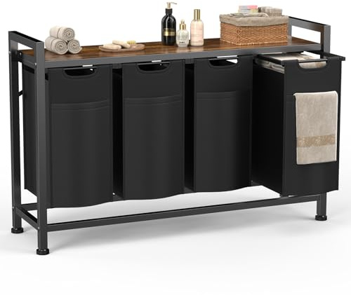 Sweetcrispy Wäschesammler mit Rollen, Wäschekorb 4 Fächer, 160 L, mit Ablage, 4 abnehmbare Wäschesäcke, Familien-Wäschesortierer für Waschküche/Bad, Schwarz