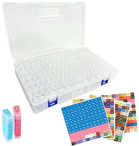 PORFOYO Scatola per diamond painting, 136 pezzi, con etichette colorate, vassoio per perline di plastica, spazzola, accessori fai da te, barattoli di griglia