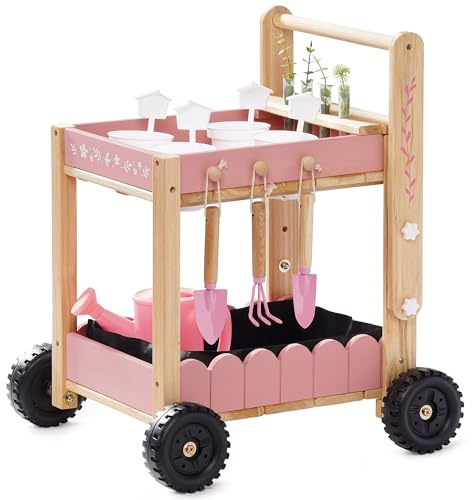 ROBOTIME Kids Gardening Tools with Cart Wheelbarrow - Wooden Outdoor Garden Toys Set with Watering Can, Shovel, Hand Rake & Plant Labels, Outdoor Backyard Play Toys for Toddler Gift (Pink)