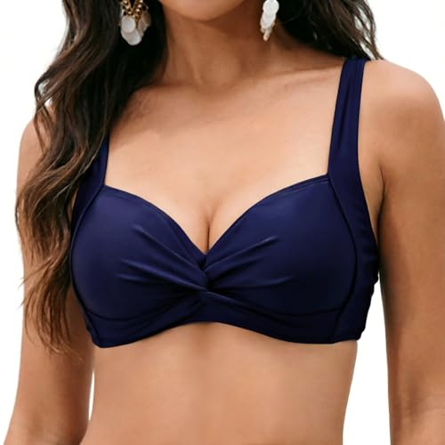NLAND Haut de Bikini pour Femme Push-up Haut de Maillot de Bain Froncé et Torsadé Rétro Classique Hauts de Bikini，Bleu Marine，L
