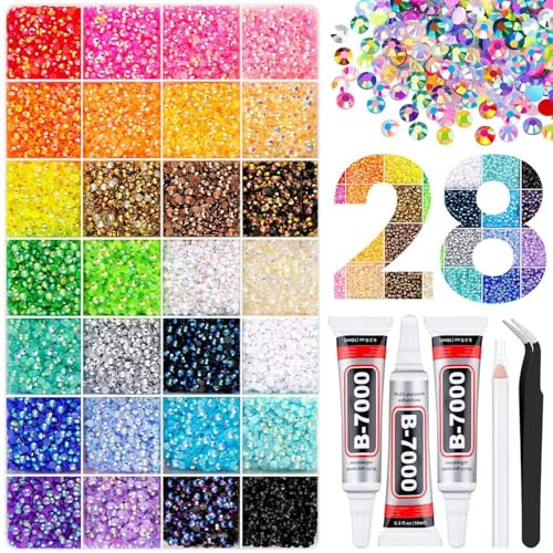 Bedazzle Kit harts regnbåge strass, 3 mm flerfärgade platta pärlor med smyckeslim, flerfärgade kristaller för gör-det-själv-hantverk, telefonfodral, nagelkonst dekoration skor ansikte (28 spår - 30