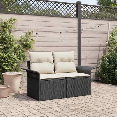 YuuSsea Trädgårdssoffa med kudde, svart poly-rotting väderbeständig, 141 x 62 x 69 cm, tvåsitsig loungesoffa, modulär för balkong, terrass, trädgård med stoppning och ryggstöd för avkoppling