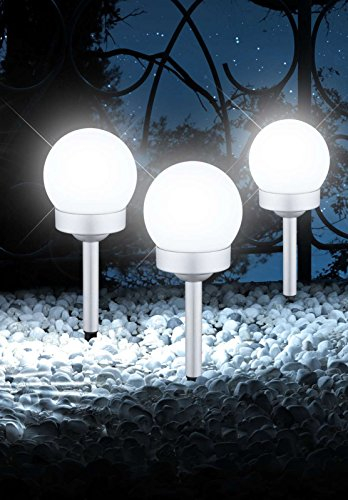 Globolightings LED Solarlampe mit Erdspieß 3-Teilig Wegelampe Set Solar Außenleuchte Wegbeleuchtung Kugel (Gartenlampe, Solarleuchte, Gartenleuchte, Außenlampe, Höhe 35 cm, Silber)