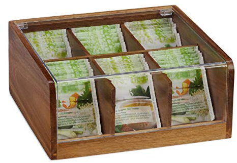Relaxdays Teebox Holz, 6 Fächer, 90 Teebeutel, Teedose mit Klappdeckel, Aromaschutz, HxBxT 9,5 x 22 x 20,5 cm, natur, Dunkelbraun, Transparent