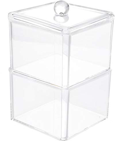 KW Collection Fyrkantiga akrylkuddar i bomull gasvävspinnhållare organisatör Q-tip dispenser förvaringsbehållare badrum behållare tandtråd låda fodral (8,9 x 8,9 x 13,5 cm, två nivåer, genomskinlig)
