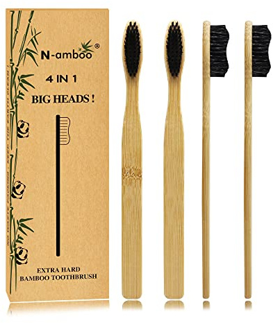 N-amboo Super Hard Toothbrush Bamboo Toothbrush Large Brush Head Manual Toothbrsuh Hard Bristles Pack of 4