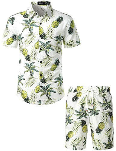 JOGAL Camicia da Uomo Casual a Maniche Corte con Stampa Floreale Hawaiana, bianco turchese, 3XL