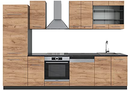 Vicco Küchenzeile Fame-Line, Goldkraft Eiche/Anthrazit, 300 cm ohne Arbeitsplatte