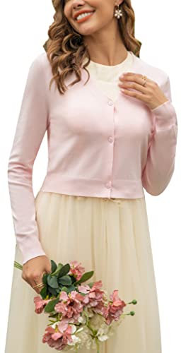 Boléro Femme Tricot Gilet Court Veste Cardigan Bouton Manches Longues pour Robe T Shirt Bretelle Soirée Fête Décontracté Chic Elégante Rose Clair M