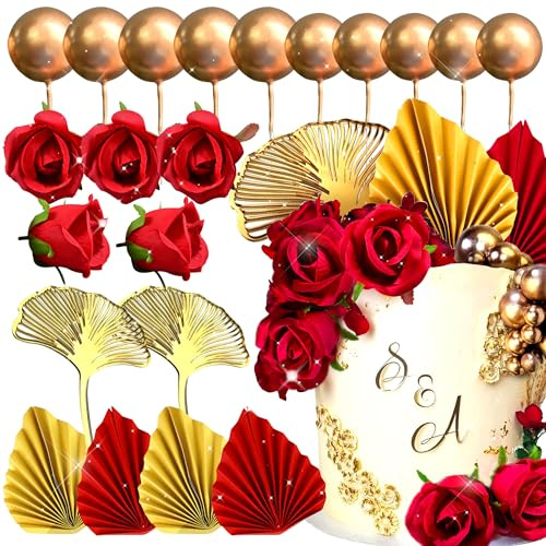 JeVenis décoration de gâteau à la rose rouge et à la feuille d'or pour mariage, anniversaire, douche nuptiale et fiançailles
