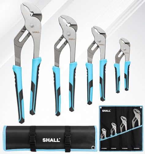 SHALL 4-Piece Groove Joint Pliers Set, 12/10/8/6 Inch Adjustable Water Pump Pliers with Cushion grip, Tongue and Groove Pliers w/Tool Roll Bag for Home Repair, Plumbing, Gripping, Nuts, Bolts