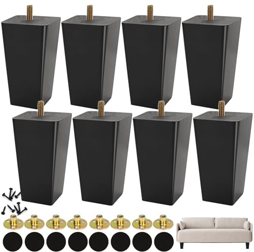 CYEER 8 Pcs Sofa Feet 10cm, Wooden Furniture Legs, Solid Rubber Wood Sofa Legs Furniture Replacement Feet with Mounting Plates Screws Non-Slip Mat for Chair Bed Couch Table TV Cabinet, Black