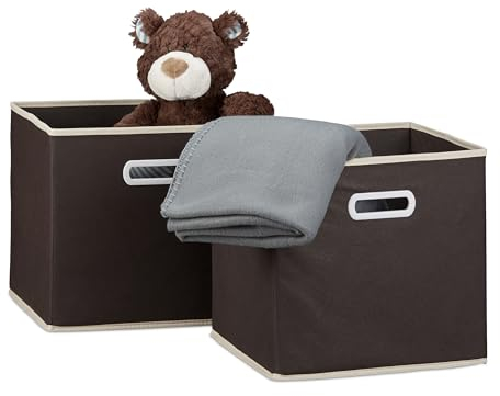 Relaxdays 2 x Faltbox im Set, Aufbewahrungsbox aus Stoff, quadratisch HBT ca. 30 x 30 x 30 cm, mit Fingerloch, Regalbox, braun
