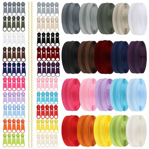 Duscdesp 60M 20 Colors Zipper, DIY Open Ended Invisible Zip with 100 Sliders, Zipper Repair Kit for Sewing, Crafting and Bag