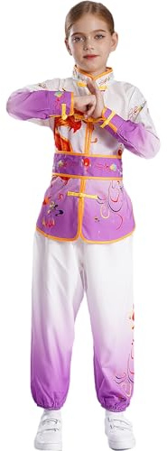 Kaerm Kids 3 Pcs Chinese Kung Fu Tracksuit Dragon Printed Tops and Pants with Belt Outfits Traditional Tai Chi Costume Purple 13-14 Years