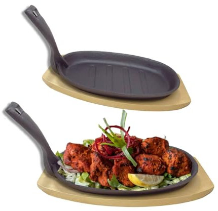 Vintage Gourmet® Premium Pre-Seasoned Cast Iron Sizzler Serving Dish/Steak Platter Set of 2 with Natural Wooden Trivets,24cm & 28cm Create That Authentic Feel, Serve Your Dishes Sizzling at The Table!