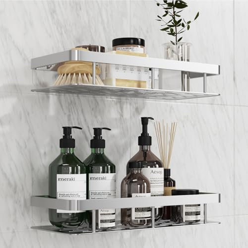 QOEOTUY Duschablage ohne Bohren & Dusche Organizer – Selbstklebend, Rostfrei, Großes Fassungsvermögen – Wandmontiert für Shampoo, Seife, Duschgel – Badewannenablage – Aluminium Silber