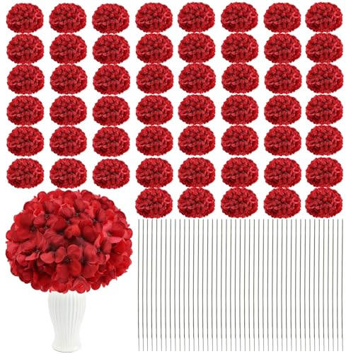 Nagobi Artificial Hydrangea Flowers 104 PCS Faux Silk Hydrangeas Flowers Heads with Stems for Valentine's Day Wedding Centerpieces Home Garden Baby Shower Party Decoration (Red)