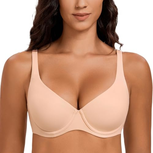 MELENECA Soutien-Gorge Femmes Col V Réducteur Armature Taille Grande sans Doublure Plongeant T-Shirt Beige 115B