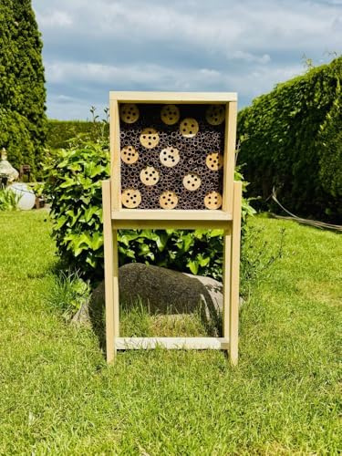 DARLUX Jardín de madera, hotel para insectos de abeja silvestre, ayuda para anidación, rectangular, con soporte