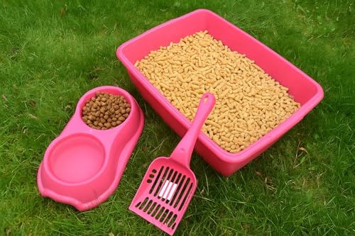 AaH1 Cat Litter Tray Box – Large Plastic Litter Box with Detachable Rim & Scoop, 46 x 34.5 x 10 cm, Stackable & Easy to Clean, Pink, Set of 3 – For Cats, Kittens, Rabbits & Small Pets