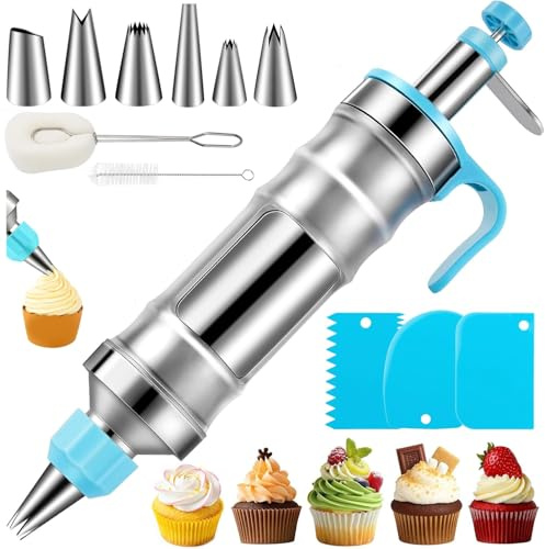 Loxiia Stainless Steel Icing Gun Set, Cake Decorating Kit with 6 Piping Nozzles, 3 Cake Scrapers & Brushes, Reusable Cake Piping Tools and Cupcake Corer Filler for Pastry Desserts(Blue)