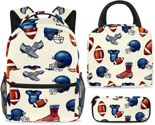 ewndhtse School Backpack Set with Lunch Bag Pencil Case, 3 Pcs School Bookbags Set Travel Rucksack Casual Daypack for Teens Girls Boys Primary Junior Middle - American Football Sport Helmets Shoes