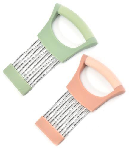 2 Pcs Onion Slicer, Onions Holder Stainless Steel Onions Fork Food Slicing Helper Vegetable Fruit Slicer Cutter for Potato Carrot Tomato Meat Handheld Kitchen Gadget with Secure Grip (Green & Pink)