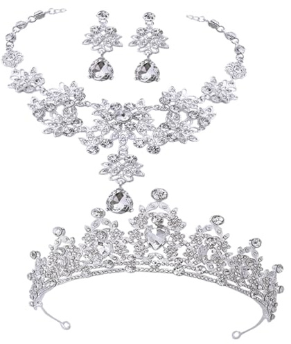 TOPPERFUN Parure Bijoux Mariage pour avec Couronne Collier et Boucles Oreilles Ensemble Tête Mariage pour Mariée et Fête