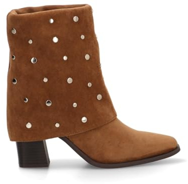 Etika Botines Camperos de Tacón para Mujer, Bota Estilo Cowboy con Tachuelas y Brillantes, Punta Fina y Tacón Cubano de 6cm, Modelo 32016 Camel - 37
