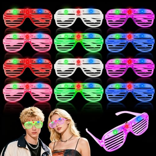 PlsMupn 12 Pezzi Occhiali LED Party per Bambini e Adulti, Occhiali Fluo Luminosi con 3 Modalità di Luce, Gadget Fluo Party, Occhi-ali Festa Compleanno per Decorazioni Part-y e Festival