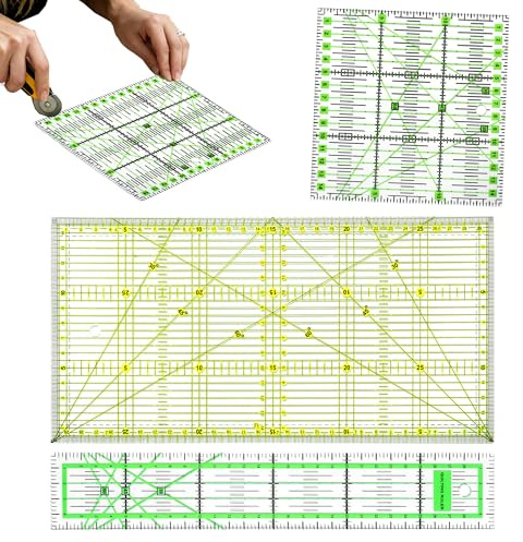 3 Pcs Acrylic Plastic Sewing Ruler, Quilting Rulers Fabric Cutting Rulers with Double Colored Grid Lines, Sewing Accessories for Quilting Patchworks, Beginners Tailors Designers Cutting Craft Rulers