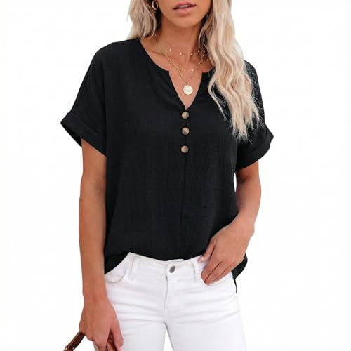 Zidoley Blusa de lino para mujer de verano - Top de muselina de algodón y lino, cuello en V, manga corta, Longshir, blusas y túnicas informales, S-2XL, Negro , L