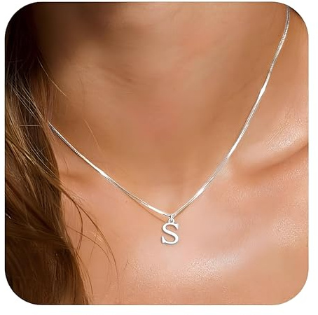 ZXfad Initial Necklace Dainty Silver, Letter S Pendant Snake Chain for Women, Everyday Birthday Gift